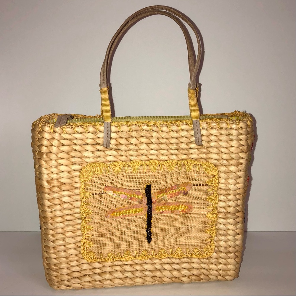 1990s Dragonfly Embroidered Woven Corn Husk Mini Tote Bag